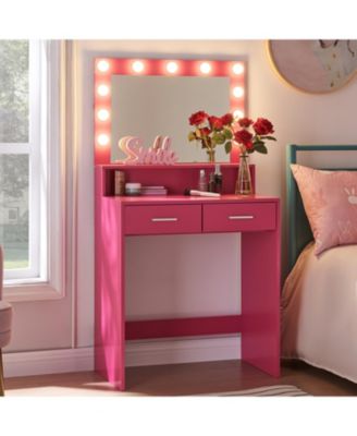 Rose Pink Vanity Desk with Lighted Mirror & Drawers