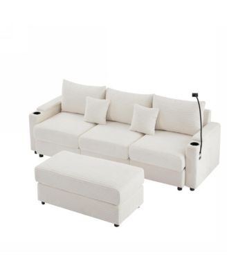 Modern 3-Seater Sectional Sofa w/ Ottoman, USB, Cup Holders.