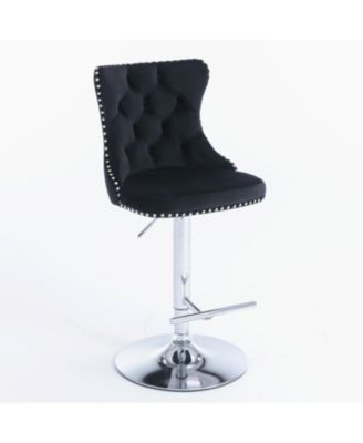 Velvet Swivel Barstools, Adjustable Height, Chrome Base, Set of 2, Black