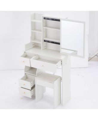 Compact Vanity Table with Large Mirror and Multi-Tier Storage, Stool Included