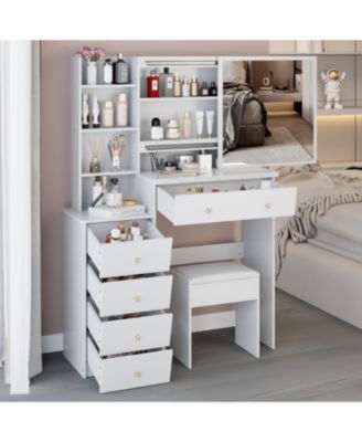 + 37" + Wood + Vanity Table with Mirror, Stool & Storage