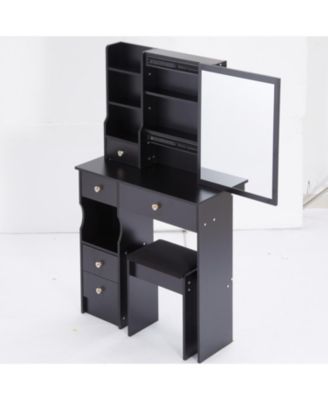 + Compact Vanity Table Set + Wood/Engineered Wood + Large Mirror & Multi-Tier Storage + Vanity Table with Stool