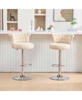  Velvet Bar Stool Set of 2, Adjustable Swivel, Silver Legs