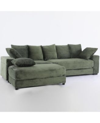 Streamdale Corduroy Sectional Sofa w/ Ottoman & Pillows - GREEN
