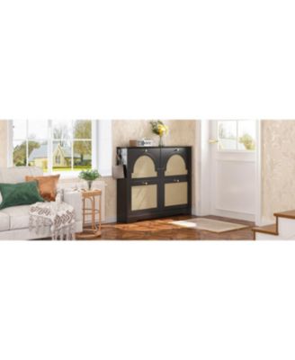 Streamdale Mid-Century Narrow Shoe Cabinet - 4 Flip Drawers, Rattan Doors, Hooks, Black