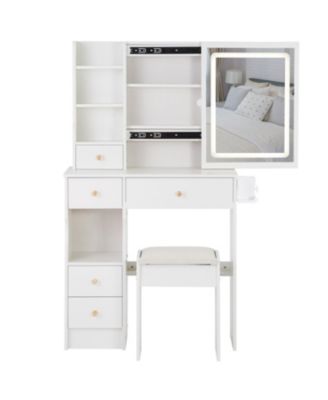 29.2" Vanity Table w/ LED Mirror, Stool, Power, & Hair Dryer Bracket