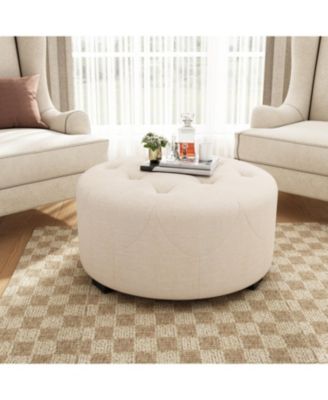 Button Tufted Round Ottoman, Beige, Small version