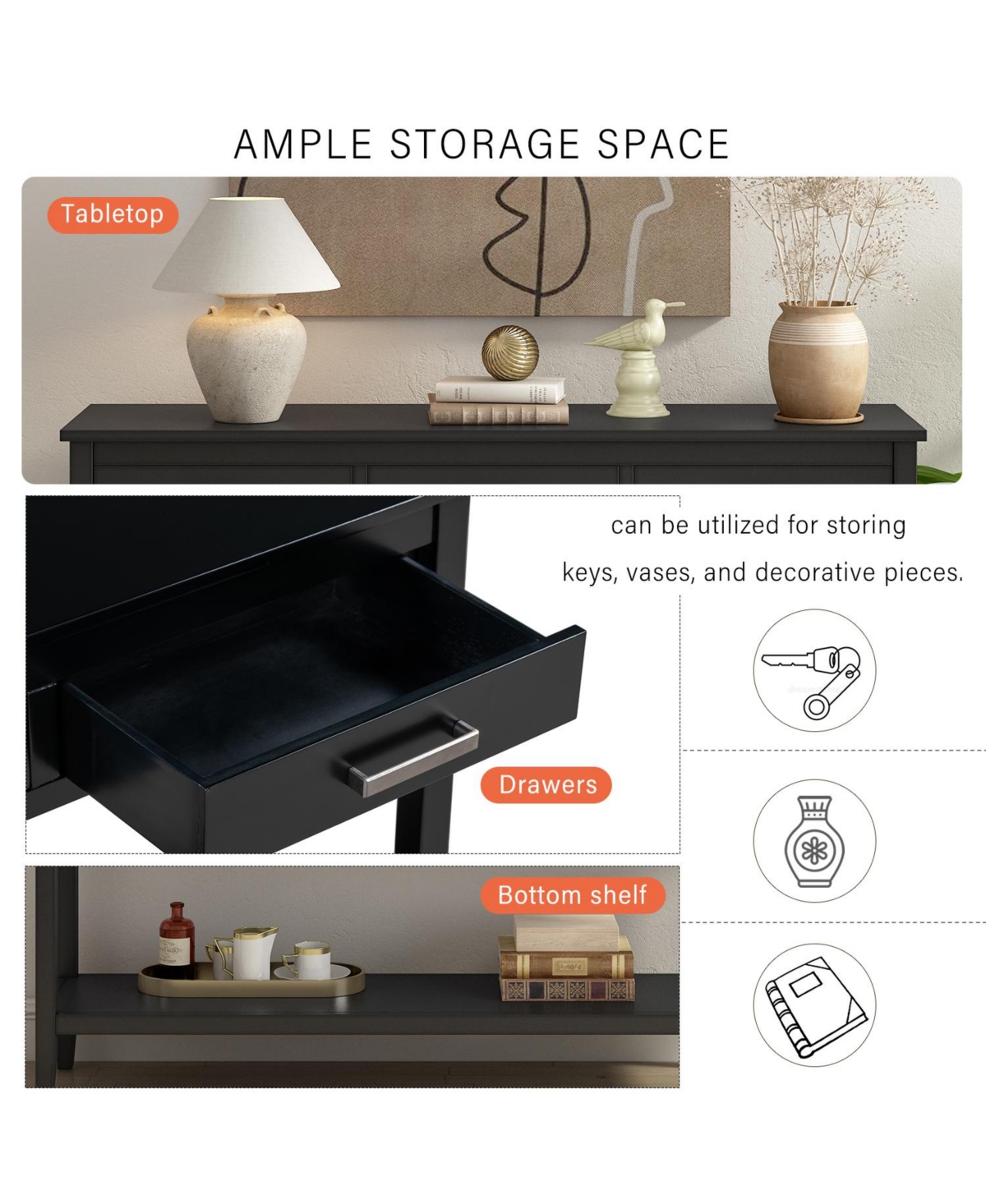 Streamdale Furniture Contemporary 3-Drawer Console Table with 1 Shelf, Entrance for Entryway, Hallway, Living Room, Foyer, Corridor