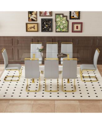  71" Tempered Glass Dining Set with 8 Light Gray PU Chairs