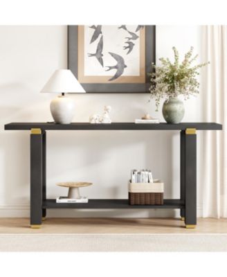 Modern Console Table - Solid Wood Metal Accents Shelf