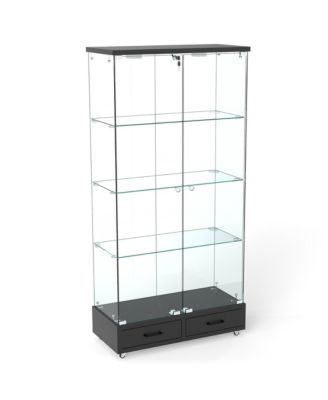 Black Glass Display Cabinet w/ Drawers & LED Lights