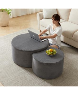Nesting Coffee Table Set of 2, Upholstered Round Tables
