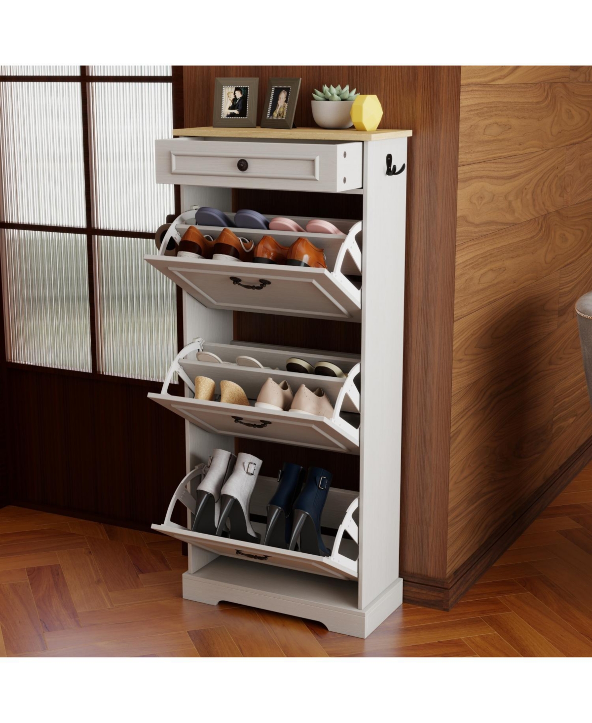 Streamdale FurnitureShoe Storage Cabinet - 3 Flip Drawers, 1 Drawer - Antique White