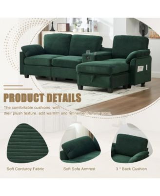  L-Shape Corduroy Sofa- 4-Seater, USB, Storage, Console & Ottoman