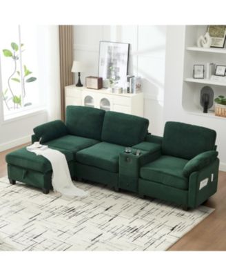 L-Shape Corduroy Sofa- 4-Seater, USB, Storage, Console & Ottoman