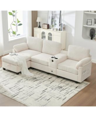  L-Shape Corduroy Sofa- 4-Seater, USB, Storage, Console & Ottoman