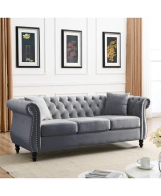 Streamdale 80" Grey Velvet Chesterfield Sofa, Tufted 3 Seater Couch