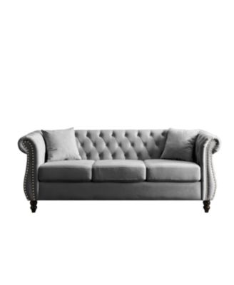 Streamdale 80" Grey Velvet Chesterfield Sofa, Tufted 3 Seater Couch