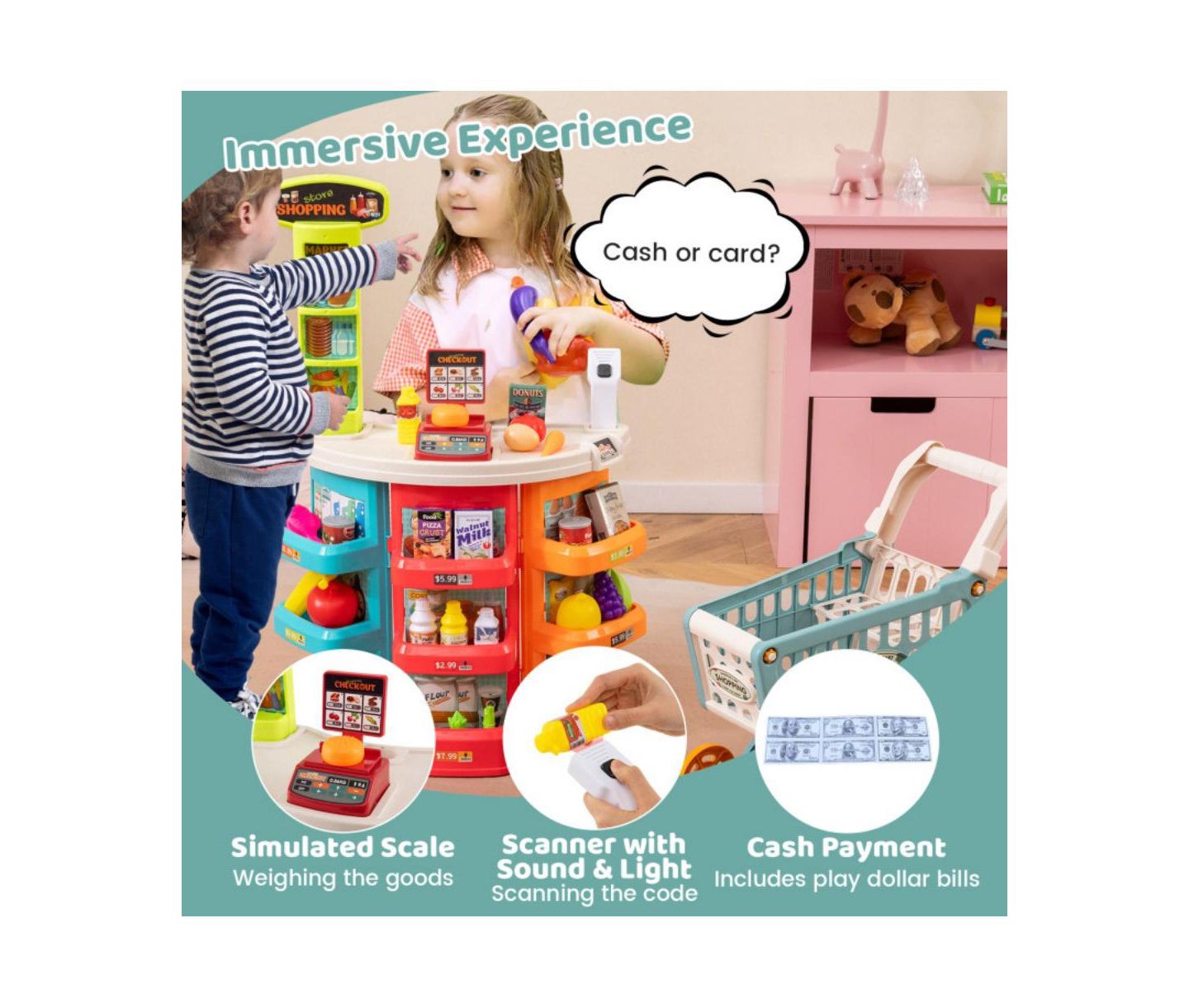 Детский игровой набор HONGGE Light-Up Scanner Grocery Store Playset with Shopping Cart, Ages 3+ — фото 6
