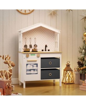 Kids Wooden Play Kitchen Set with Storage and Accessories for Imaginative Cooking