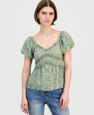 Juniors' Lace Puff-Sleeve Babydoll Top