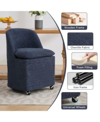 Set of 2 Chenille Fabric Dining Chairs With Universal Wheels,Blue