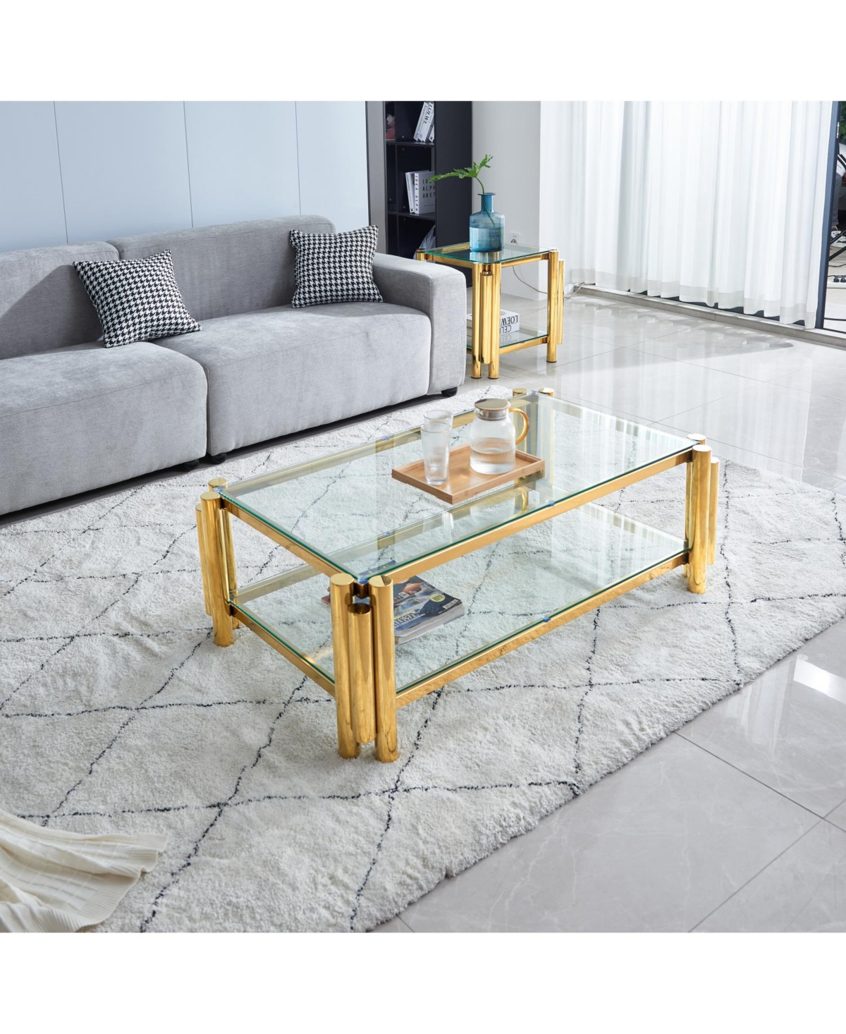 Streamdale Furniture 47" Modern Stainless Steel Coffee Table with Double Clear Tempered Glass, Storage