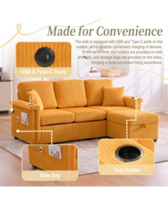 L-Shaped Sectional Sofa w/ Storage Ottoman, USB, Cup Holder, Corduroy
