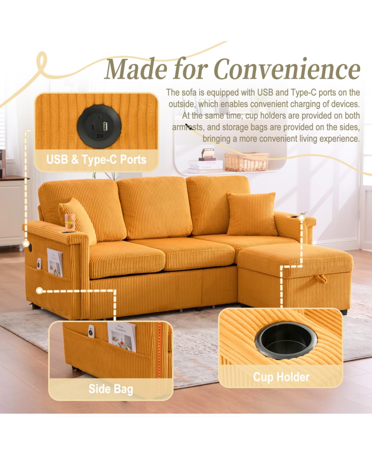 Streamdale Furniture L-Shaped Sectional Sofa w/ Storage Ottoman, Usb, Cup Holder