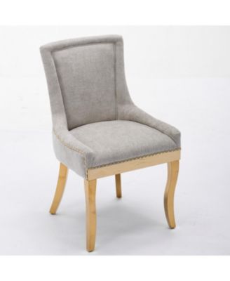 Chenille Dining Chairs, Gold Legs, Rivet Trim, Beige, Set of 2