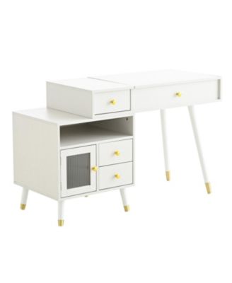  Vanity Desk with Lighted Mirror, Stool & Drawers - White