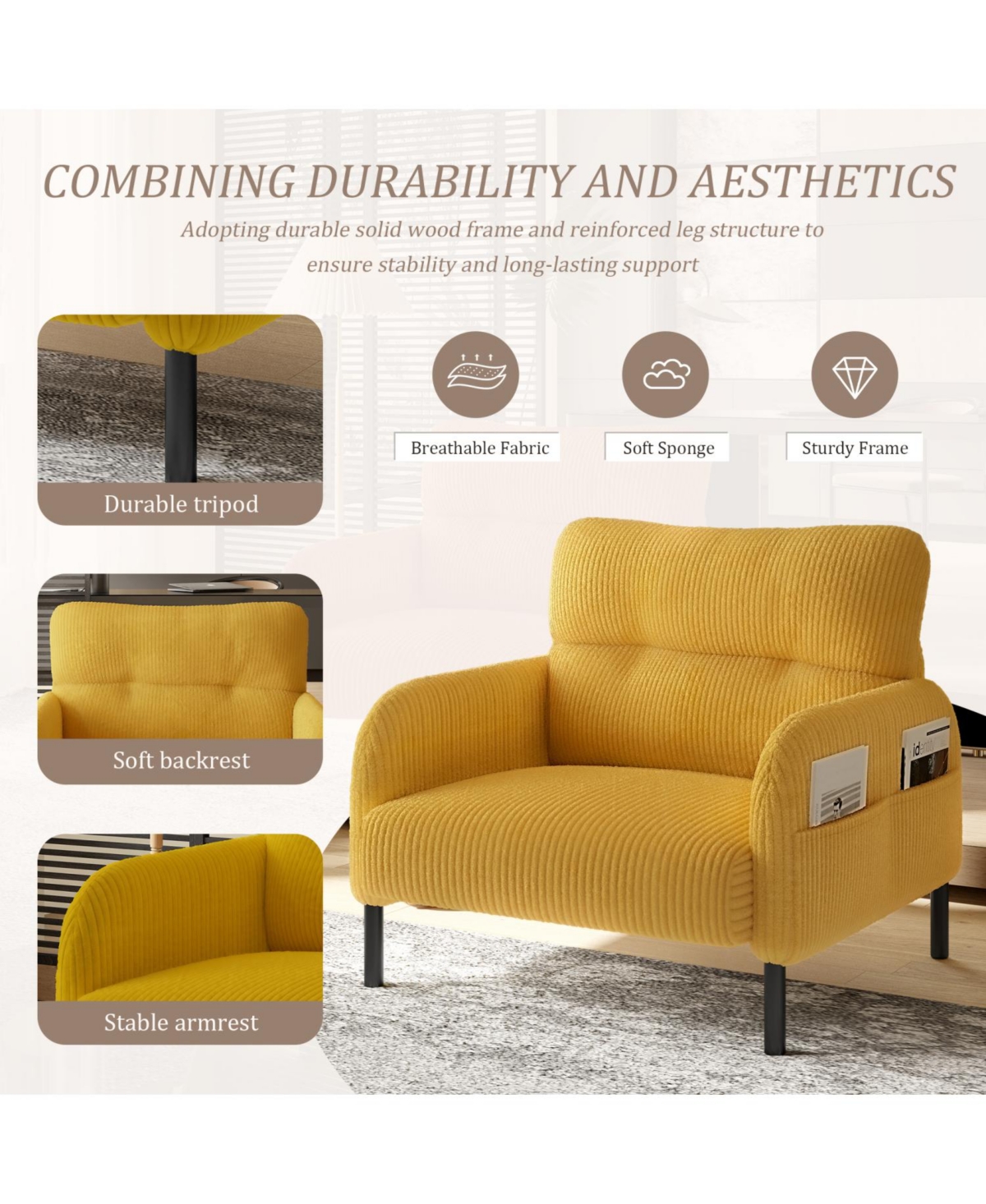 Streamdale Furniture Corduroy Wide Seat Chair - Living Room/Bedroom