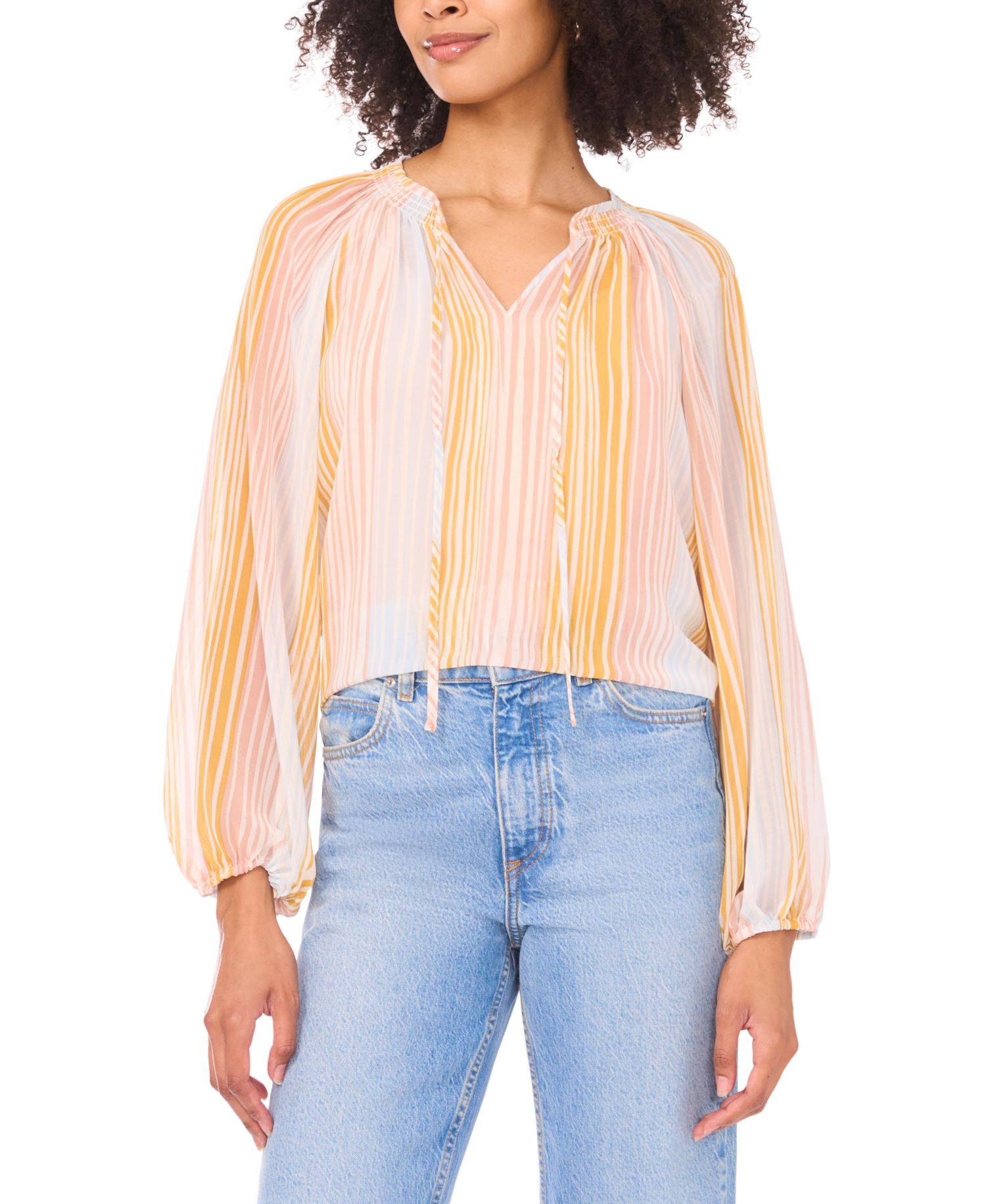 Women's Shirring Peasant Tie V-Neck Blouse