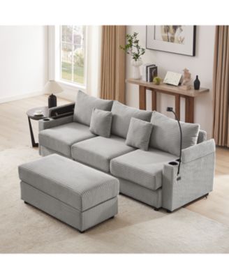 Modern 3-Seater Sofa Sectional w/ Ottoman, USB, Cup Holders