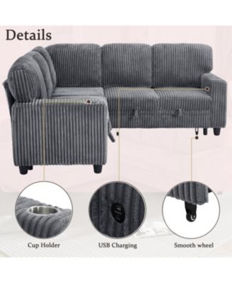 L-Shaped Sectional Sofa Bed- Pull-Out, Storage, USB, Corduroy