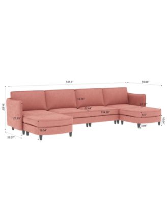 141.5" U-Shaped Sofa Couch with Ottoman & Pockets