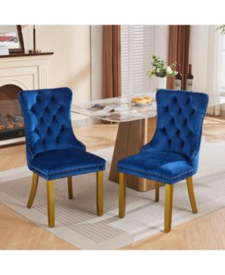 Mid-Century Tufted Velvet Dining Chairs, Lion Head Ring, Gold Legs, Blue, 2-Pcs