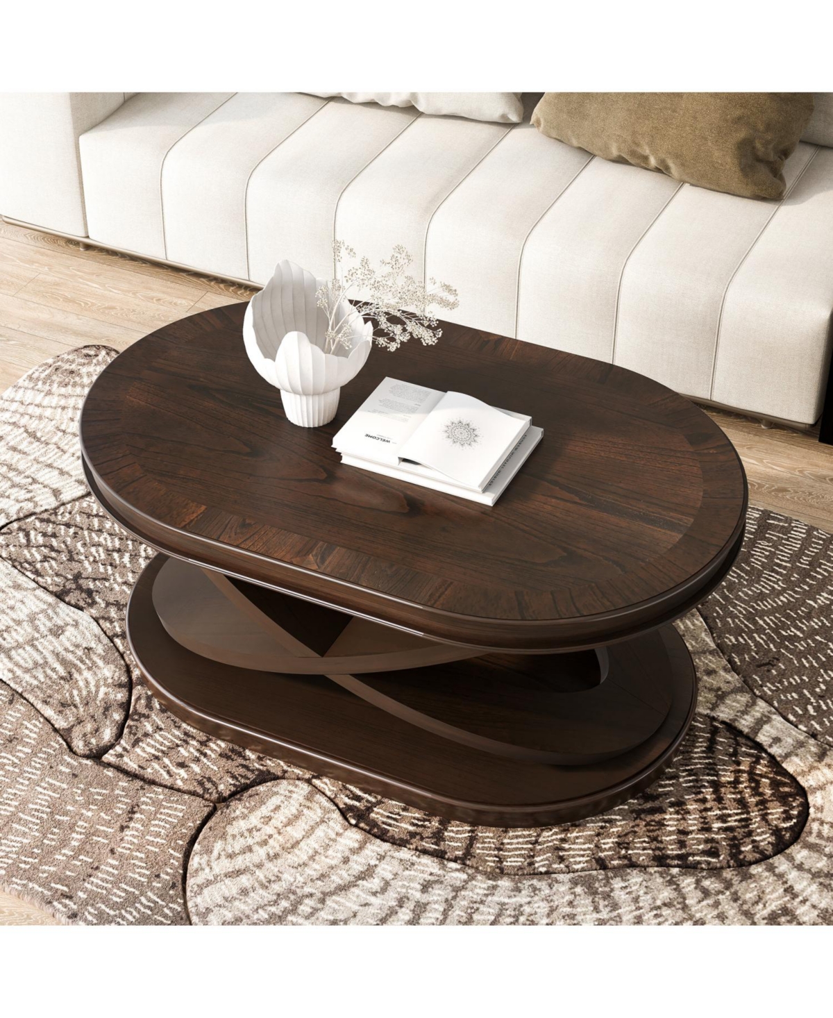 Streamdale Furniture Wood Oval Coffee Table with X-Base & Open Storage - Espresso