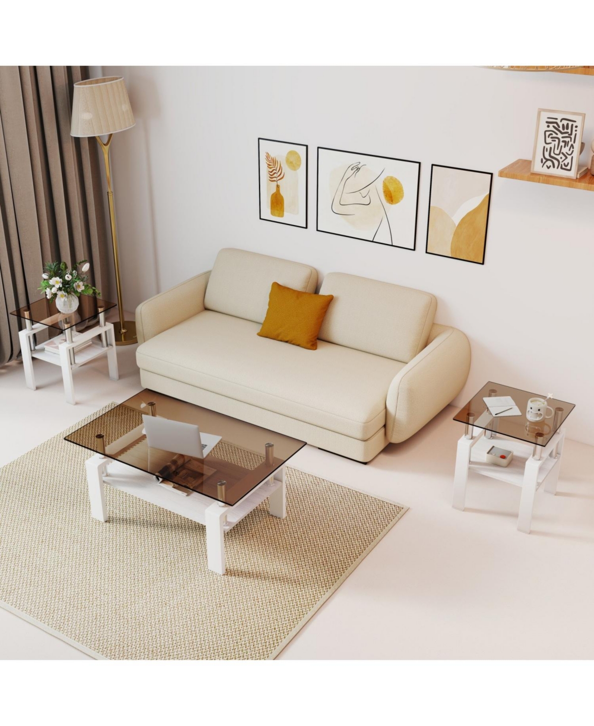 Streamdale Furniture Modern Glass Tea/Coffee Table Set - Brown/White