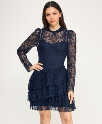 Juniors' Lace Long-Sleeve Tier Dress