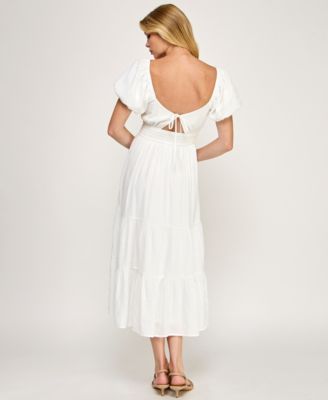 Juniors' Sweetheart Neck Puff-Sleeve Ruched Waist Midi Dress