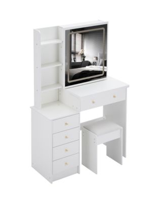 37" Bedside Vanity Table Set with - Cushioned Stool - AC/USB Sockets - Hair Dryer Stand - Touch Control LED Mirror