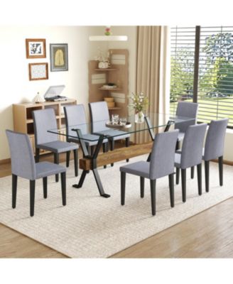 Glass Top Table & 8 Gray Linen Chairs