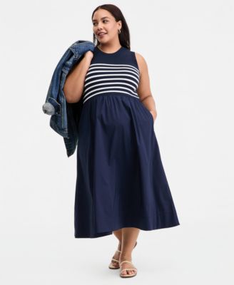 Trendy Plus Size Mixed-Media Striped Midi Dress