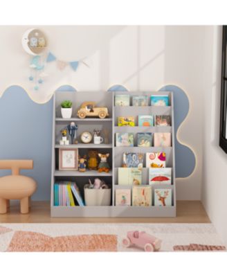 Kids Bookshelf Toy Storage Organizer, 4 Tier Wooden Bookcase, Gray