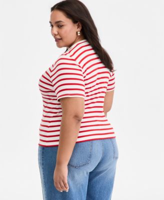 Trendy Plus Size Embroidered Striped Short-Sleeve Top