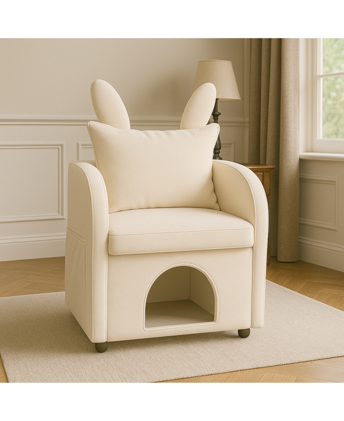Streamdale Furniture Beige Bunny-Ear Pet-Friendly Armchair with Cat & Dog Hideaway