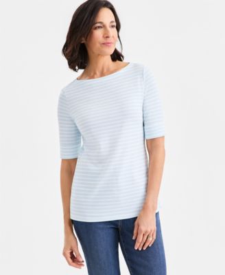 Women's Printed Boat-Neck Elbow-Sleeve Top