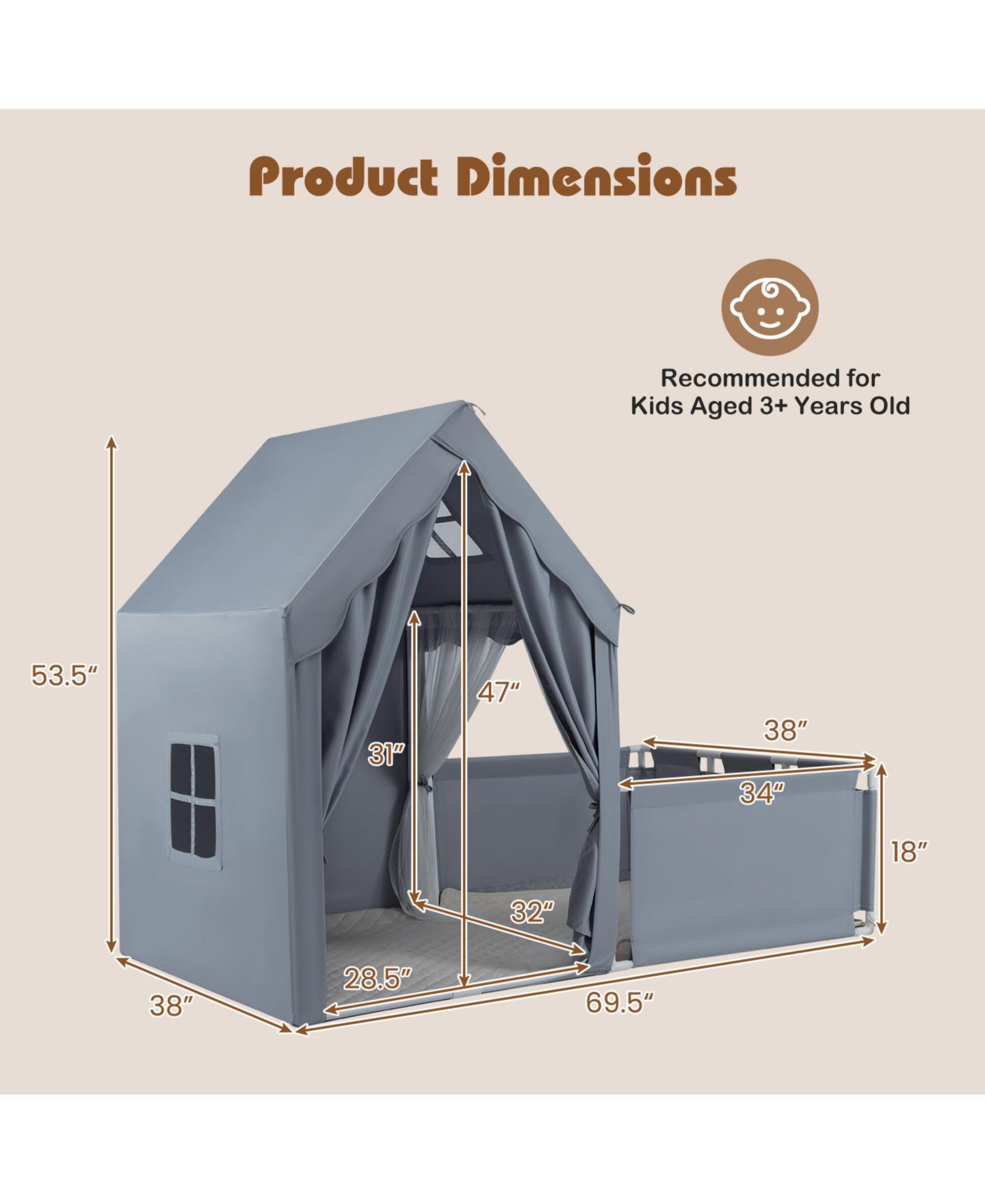 Детские игрушки Gymax Star Lights 3-Piece Play Tent with Playpen Set, Ages 3+, цвет: Серый — фото 3
