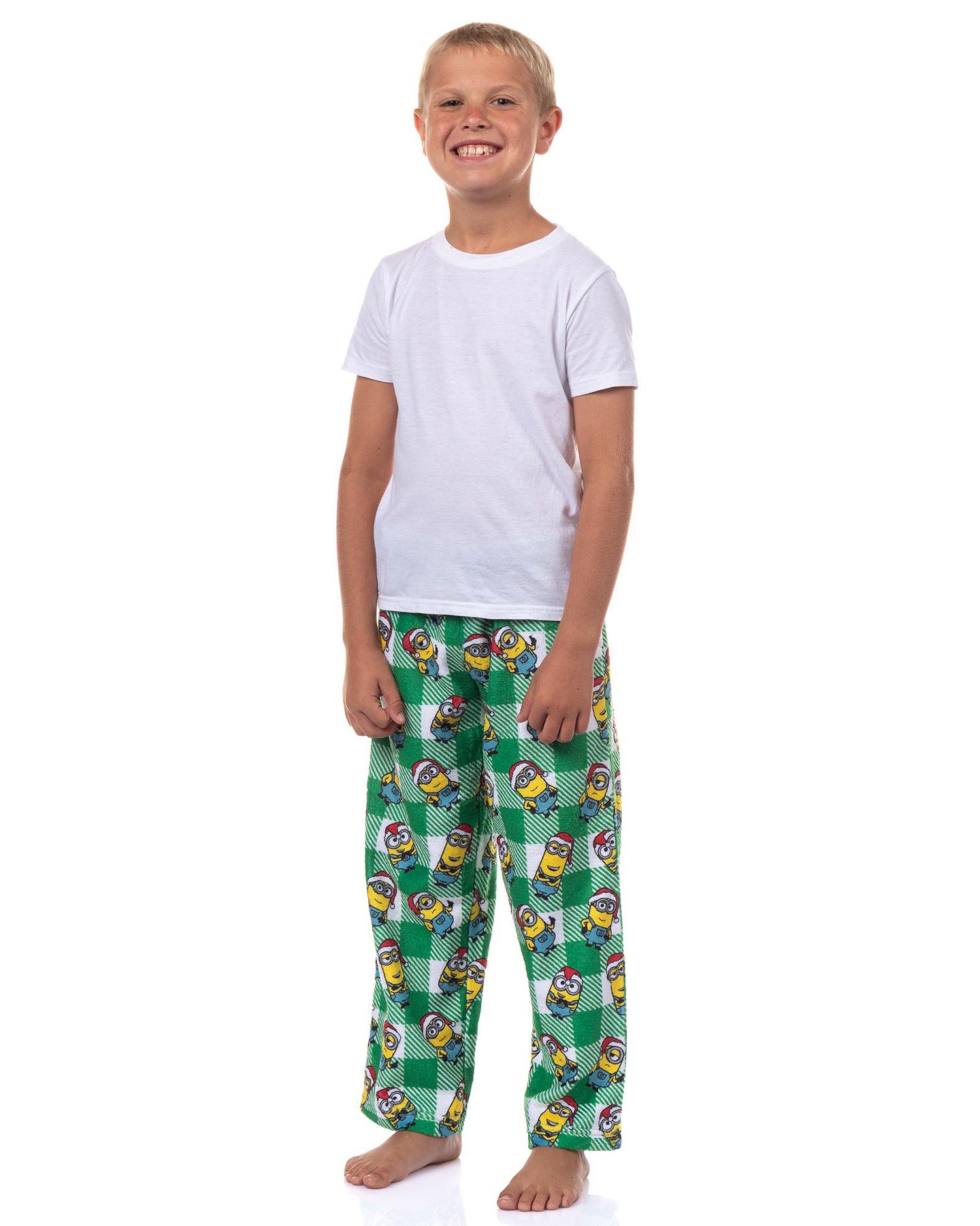 Pajama Pants Boys Christmas Santa Minion Plaid Fleece Lounge Bottoms Kids